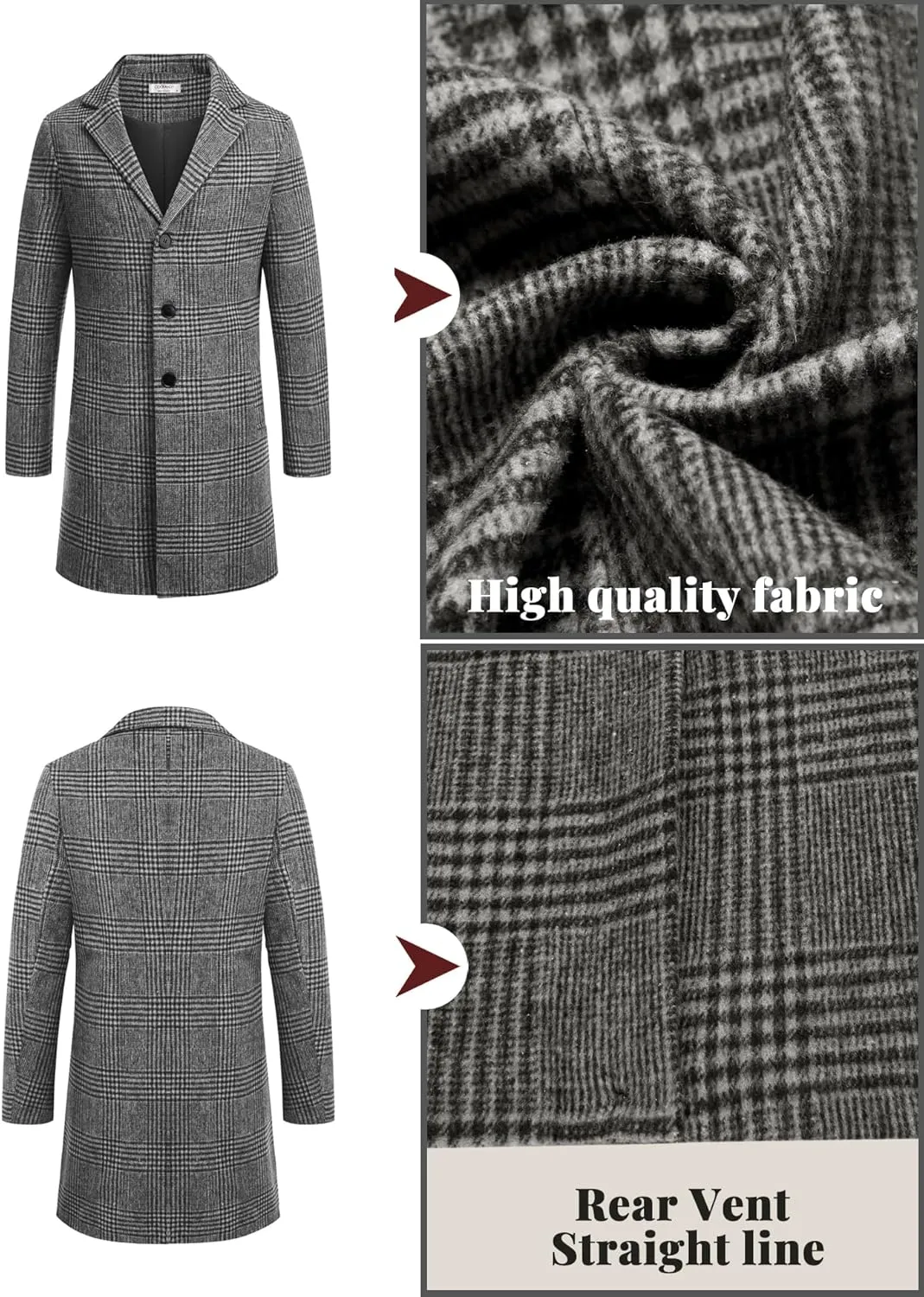 COOFANDY Mens Wool Blend Coat Winter Trench Coats Notched Lapel Collar Single Breasted Overcoat Classic Peacoat With Pockets