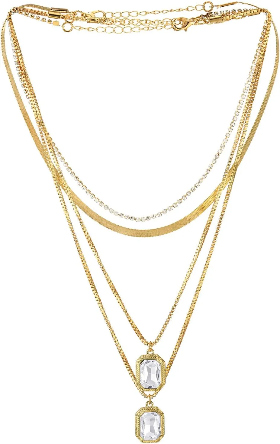 COOLSTEELANDBEYOND Layered Gold Necklace, Multi-Strand with Clear Crystal Pendants, Chic Hipster, Fashion Jewelry