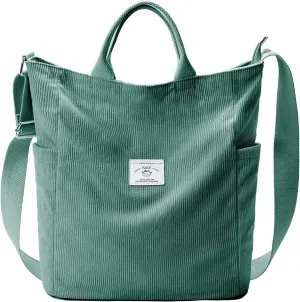 Corduroy Tote Bag, Large Messenger Bag Shoulder Hobo Anti Splash Crossbody Zipper Bag Casual Work Shopping Women Beige (Light green)