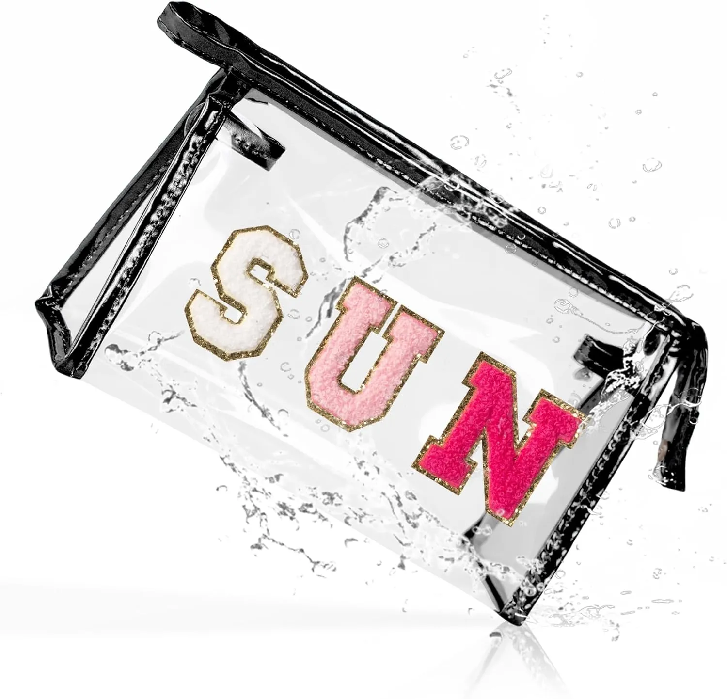 COSHAYSOO Clear Makeup Bag Toiletry Sunscreen Pouch Waterproof Summer Beach Vacation Essentials Airplane Cruise Travel Stuff Small Purse for Women Teenager Girls with Chenille Letter Black SUN