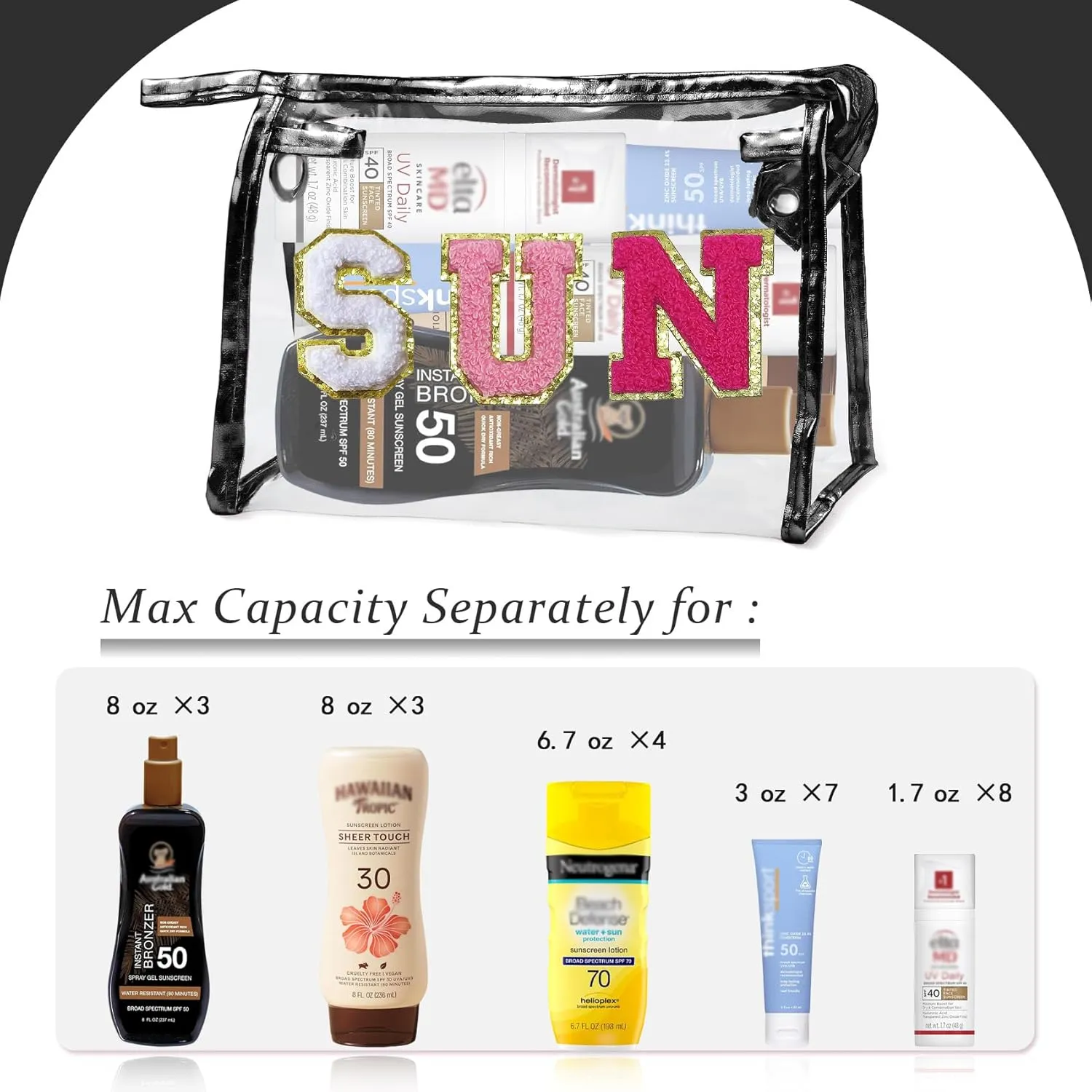 COSHAYSOO Clear Makeup Bag Toiletry Sunscreen Pouch Waterproof Summer Beach Vacation Essentials Airplane Cruise Travel Stuff Small Purse for Women Teenager Girls with Chenille Letter Black SUN