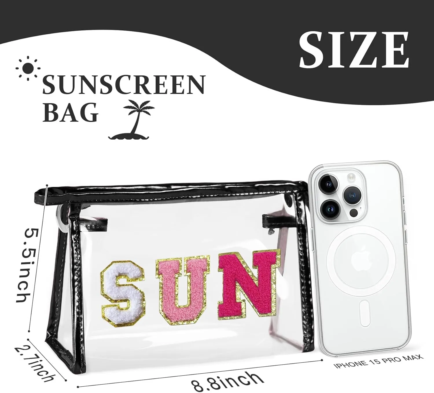 COSHAYSOO Clear Makeup Bag Toiletry Sunscreen Pouch Waterproof Summer Beach Vacation Essentials Airplane Cruise Travel Stuff Small Purse for Women Teenager Girls with Chenille Letter Black SUN