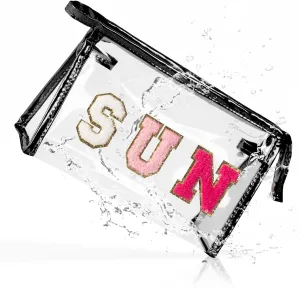 COSHAYSOO Clear Makeup Bag Toiletry Sunscreen Pouch Waterproof Summer Beach Vacation Essentials Airplane Cruise Travel Stuff Small Purse for Women Teenager Girls with Chenille Letter Black SUN