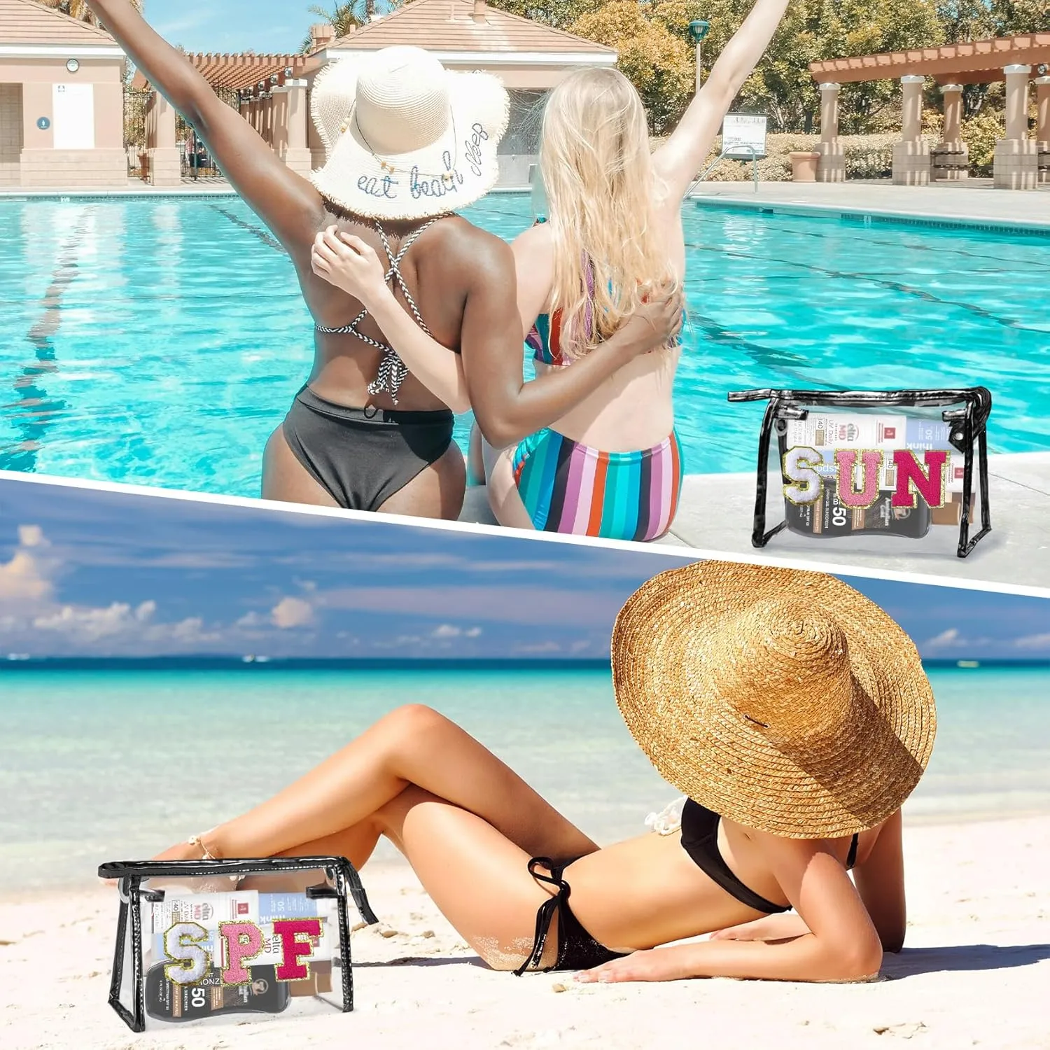 COSHAYSOO Clear Makeup Bag Toiletry Sunscreen Pouch Waterproof Summer Beach Vacation Essentials Airplane Cruise Travel Stuff Small Purse for Women Teenager Girls with Chenille Letter Black SUN
