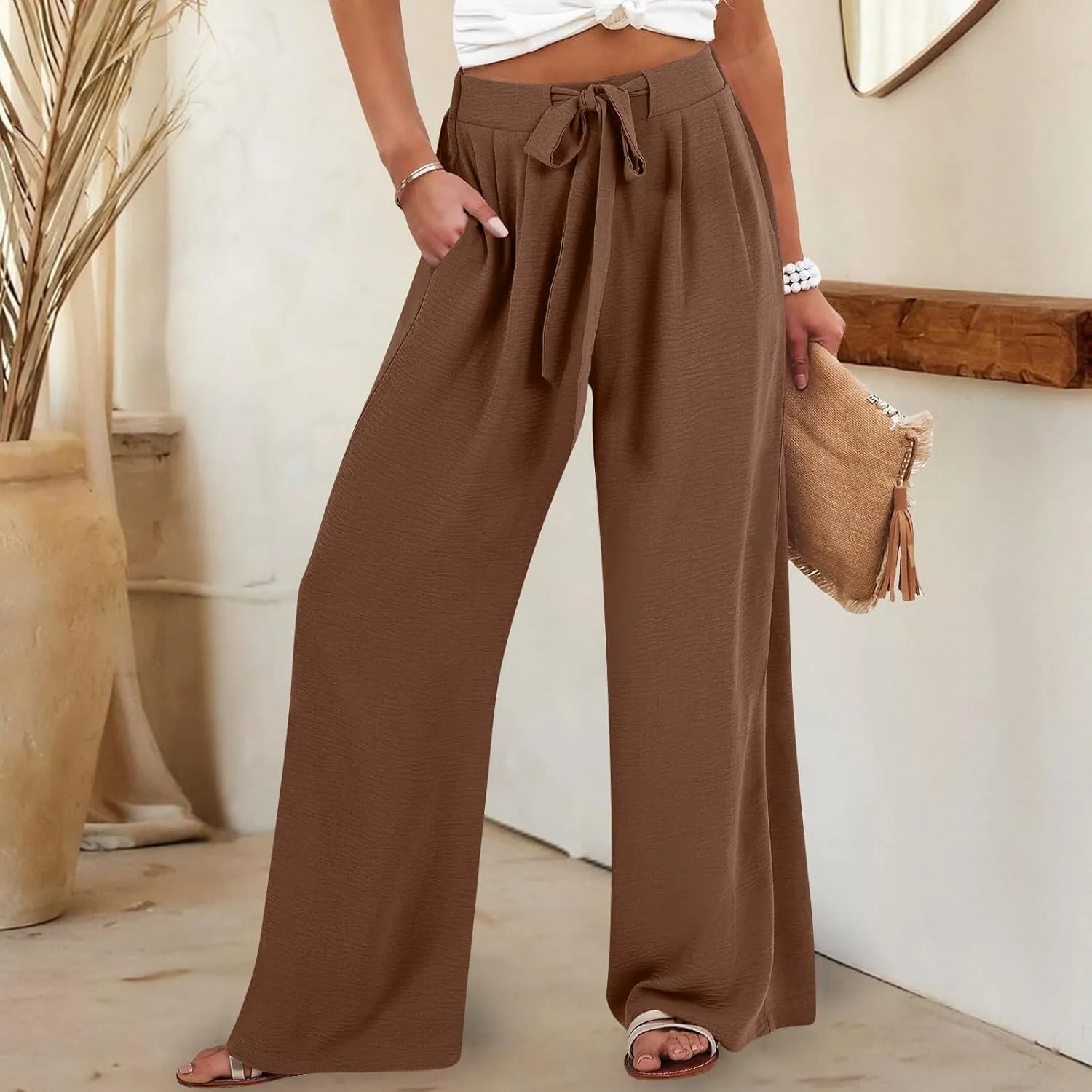 Cotton Linen Pants for Womens High Waist Drawstring Wide Leg Trousers Flowy Lightweight Loose Fit Travel Palazzo Pant