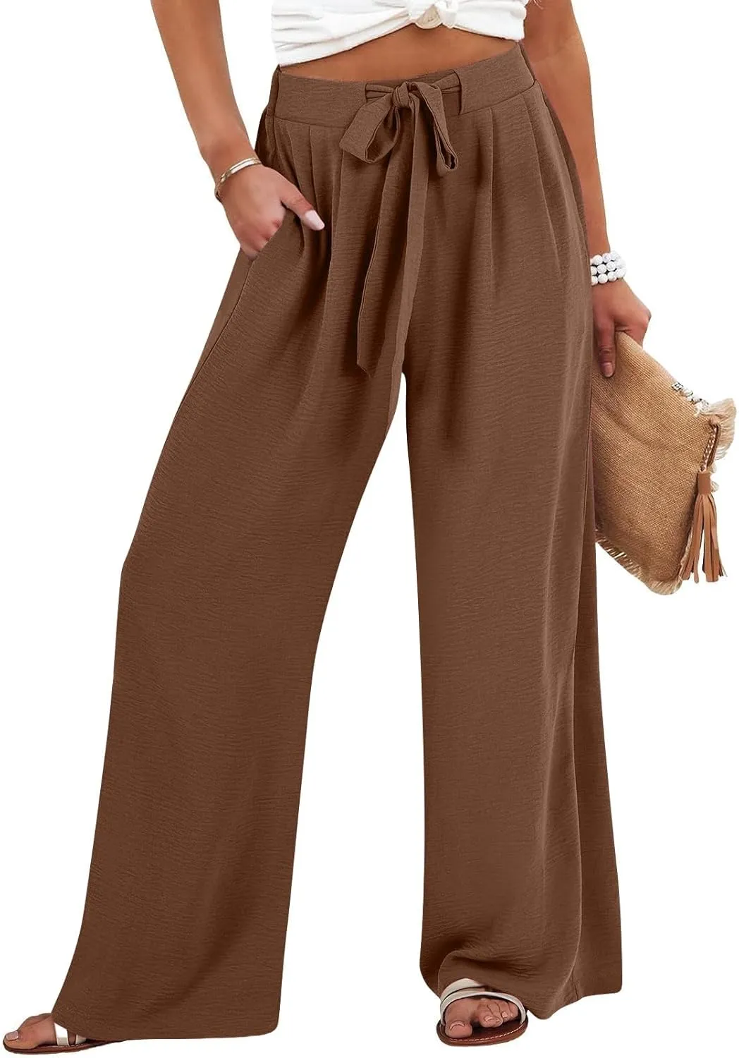 Cotton Linen Pants for Womens High Waist Drawstring Wide Leg Trousers Flowy Lightweight Loose Fit Travel Palazzo Pant