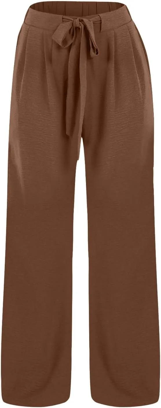 Cotton Linen Pants for Womens High Waist Drawstring Wide Leg Trousers Flowy Lightweight Loose Fit Travel Palazzo Pant