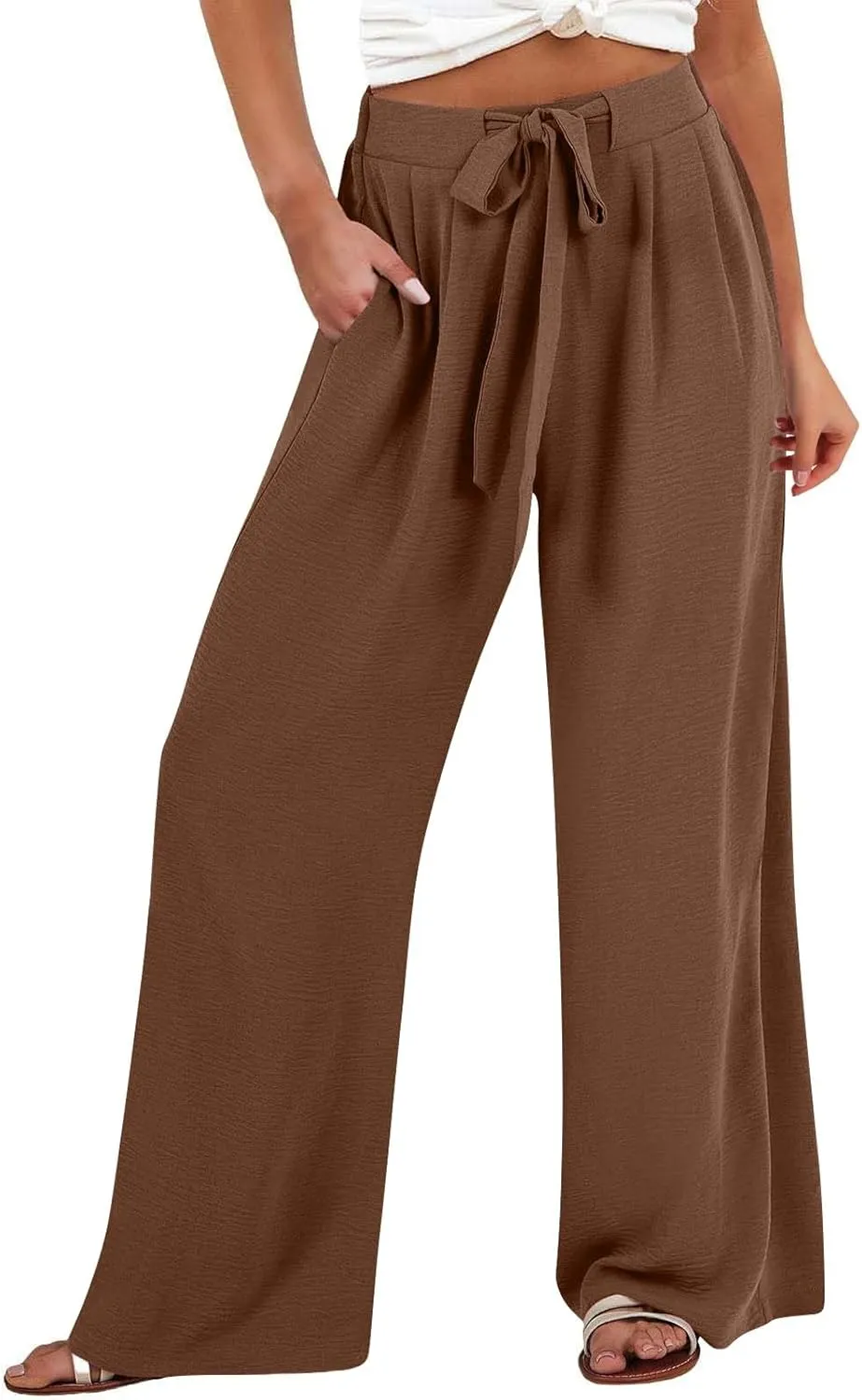 Cotton Linen Pants for Womens High Waist Drawstring Wide Leg Trousers Flowy Lightweight Loose Fit Travel Palazzo Pant