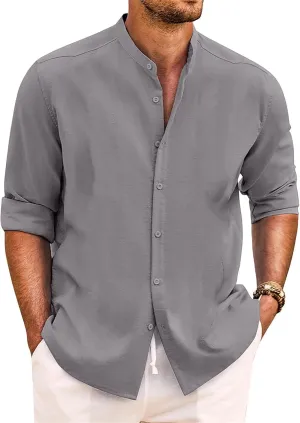 Cotton Linen Shirt for Men Long Sleeve Mandarin Collar Button Down Shirt Lightweight Breathable Beach Tops