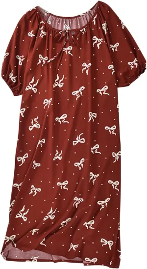 Cotton Nightgown for Women Loose Crewneck Comfy Sleepwear Floral Printed Short Sleeve Sleepshirt Nightdress