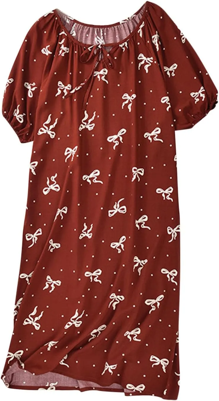 Cotton Nightgown for Women Loose Crewneck Comfy Sleepwear Floral Printed Short Sleeve Sleepshirt Nightdress