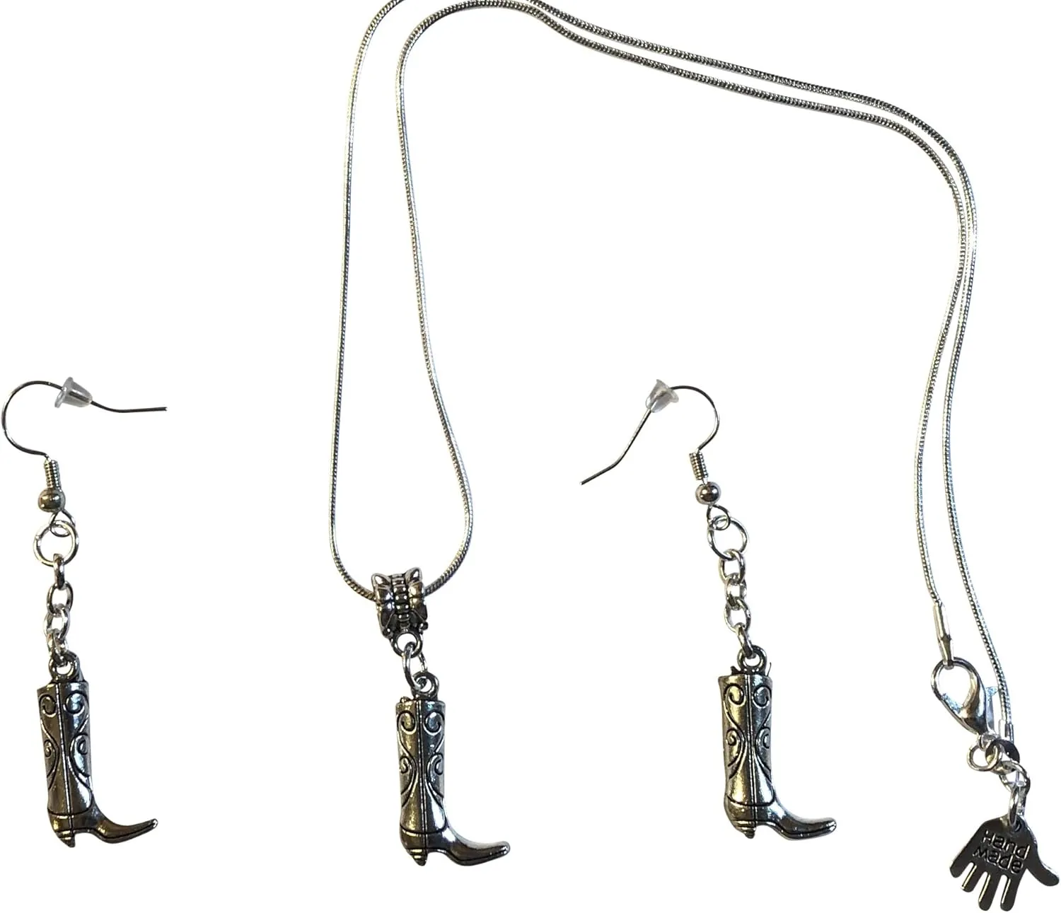 Cowboy Western Boot Silver Plated Snake Necklace Earrings 18" Chain Gift Boxed