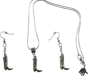 Cowboy Western Boot Silver Plated Snake Necklace Earrings 18" Chain Gift Boxed