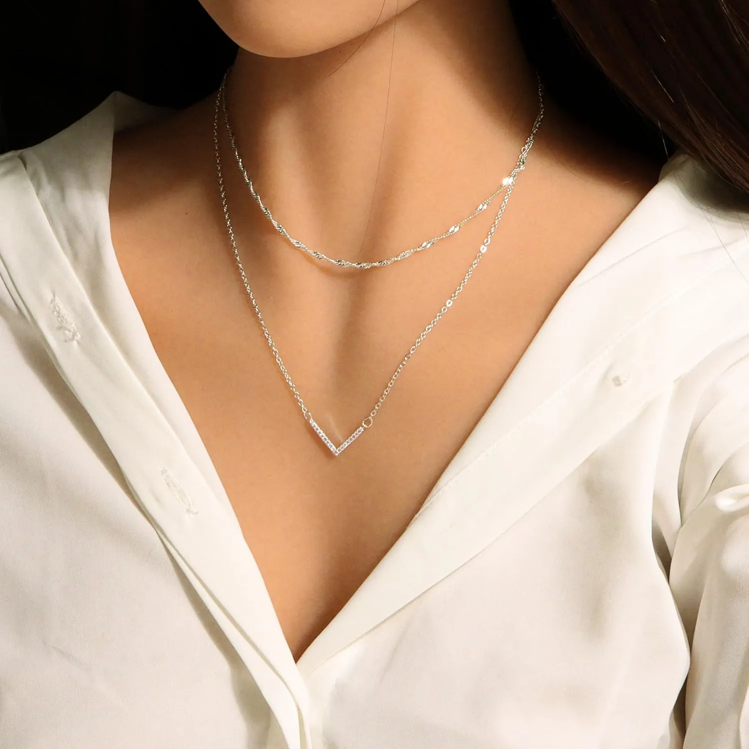 Cross Necklace Multi-Layer 14K Gold/Silver Plated Cubic Zirconia Cross/V Pendant Necklaces For Women trendy Gift (Silver Double Layered)
