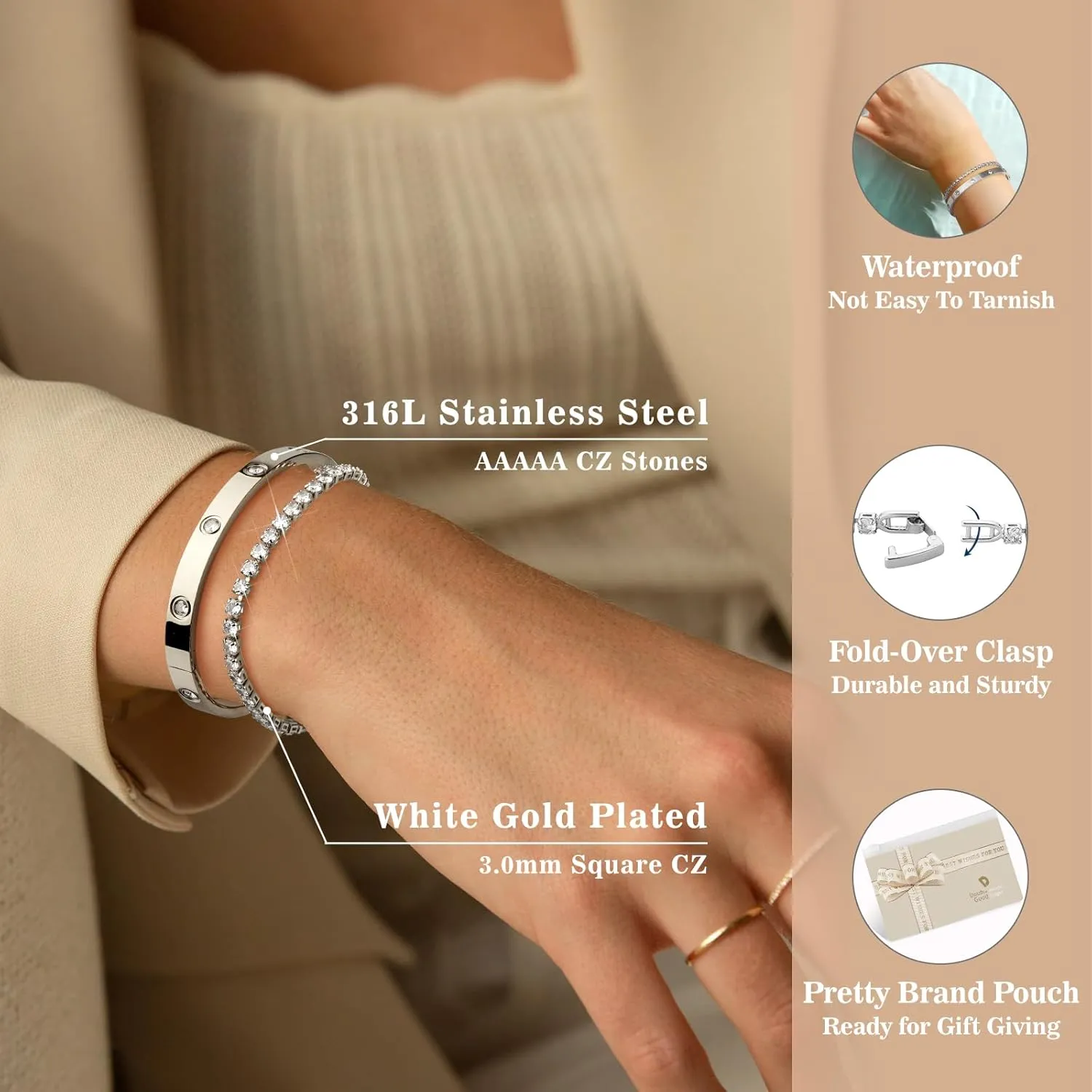 doubgood Gold Bracelets for Women, Stackable Gold Bangles Friendship Love Tennis Bracelets 5A Cubic Zirconia Jewelry Mother's Day Gifts for Valentine Birthday Christmas