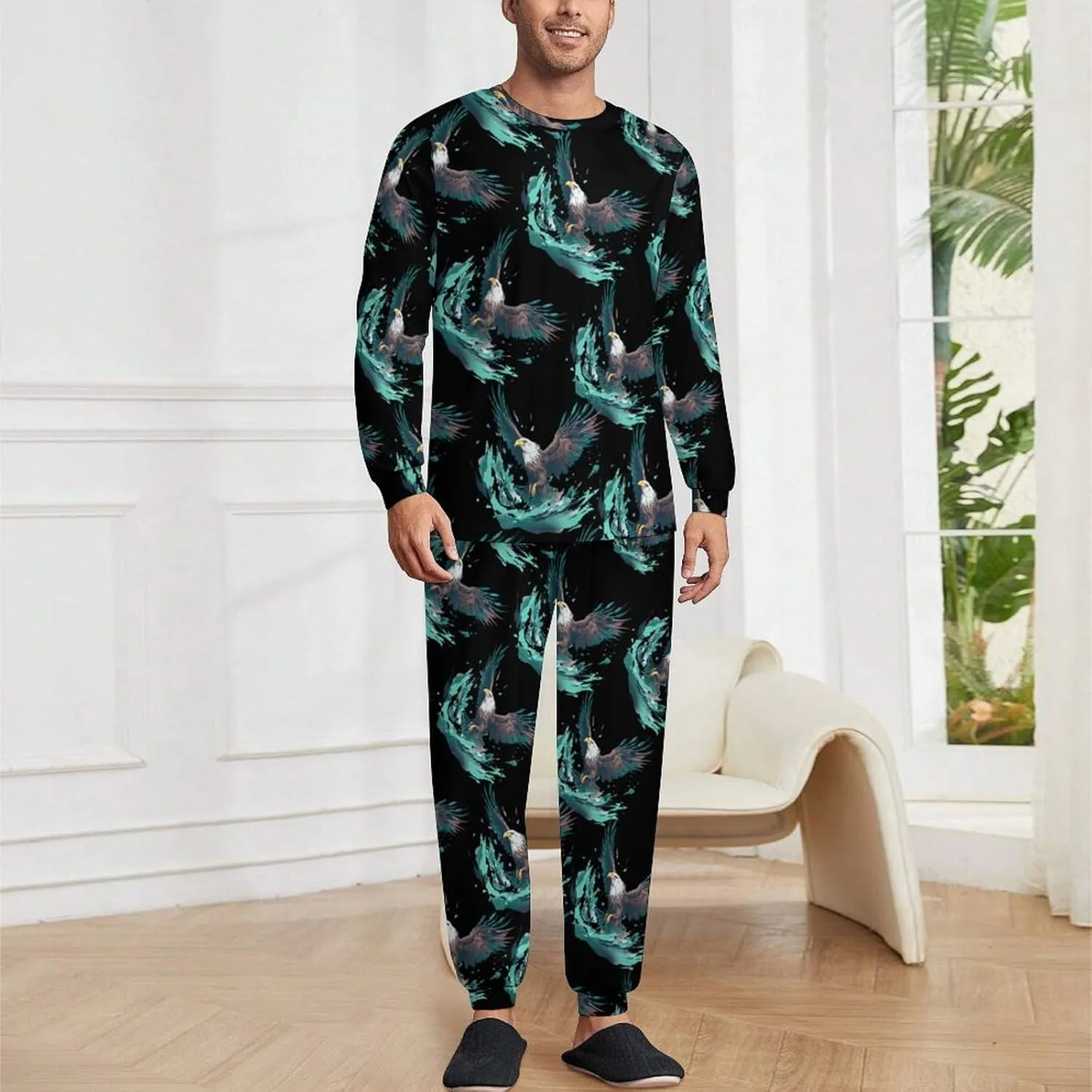 Eagle Mens Pajamas Set Long Sleeve Sleepwear Set Soft Underwear Set Loungewear