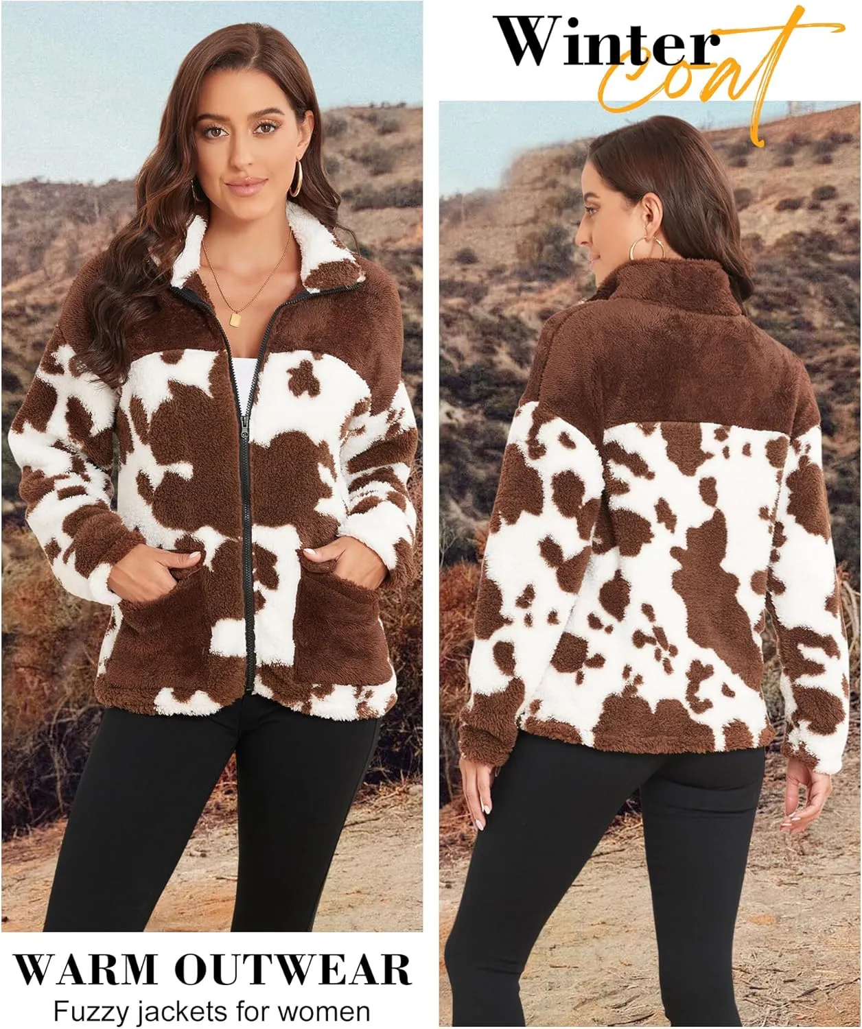 EARKOHA Womens 2024 Winter Coat Cow Print Fashion Zip Up Faux Fur Sherpa Jacket Warm Fleece Oversized Outwear with Pockets