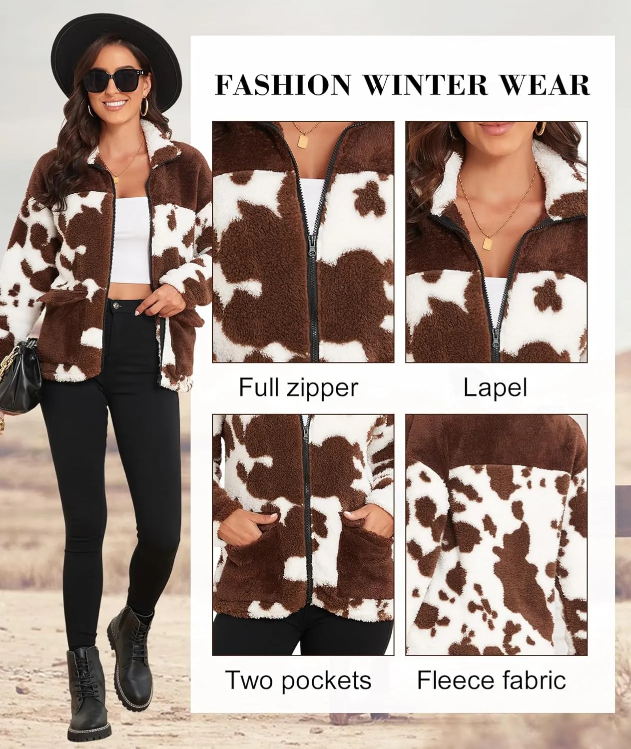 EARKOHA Womens 2024 Winter Coat Cow Print Fashion Zip Up Faux Fur Sherpa Jacket Warm Fleece Oversized Outwear with Pockets