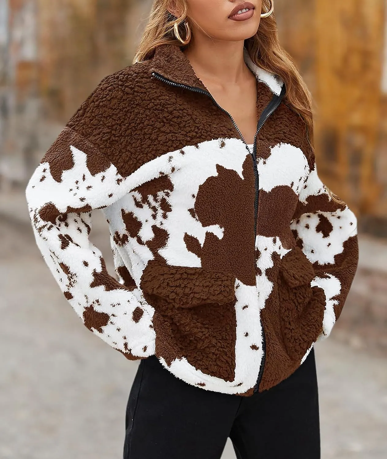 EARKOHA Womens 2024 Winter Coat Cow Print Fashion Zip Up Faux Fur Sherpa Jacket Warm Fleece Oversized Outwear with Pockets