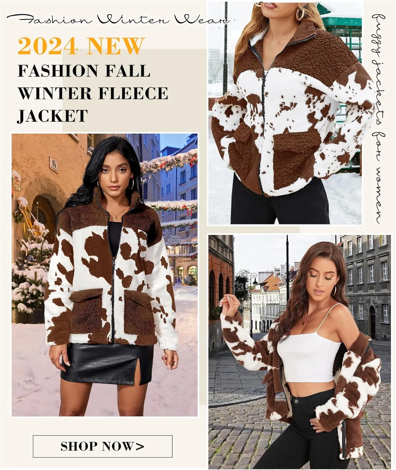 EARKOHA Womens 2024 Winter Coat Cow Print Fashion Zip Up Faux Fur Sherpa Jacket Warm Fleece Oversized Outwear with Pockets