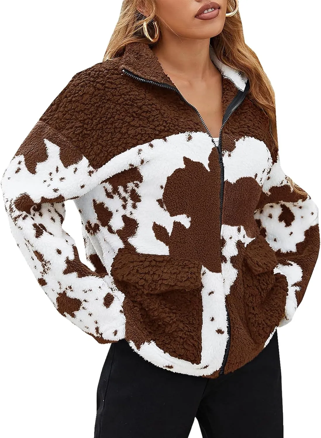 EARKOHA Womens 2024 Winter Coat Cow Print Fashion Zip Up Faux Fur Sherpa Jacket Warm Fleece Oversized Outwear with Pockets
