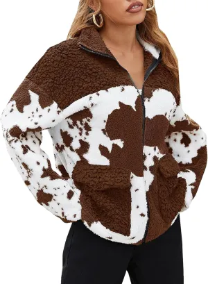 EARKOHA Womens 2024 Winter Coat Cow Print Fashion Zip Up Faux Fur Sherpa Jacket Warm Fleece Oversized Outwear with Pockets