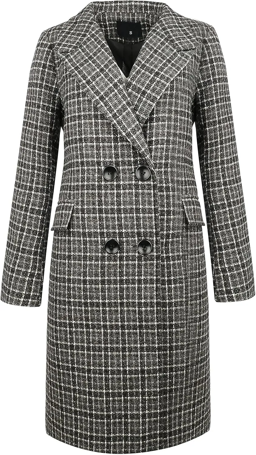 ebossy Women's Classic Notch Lapel Double Breasted Plaid Duster Trench Coat Oversized Wool Blend Mid Long Pea Coats