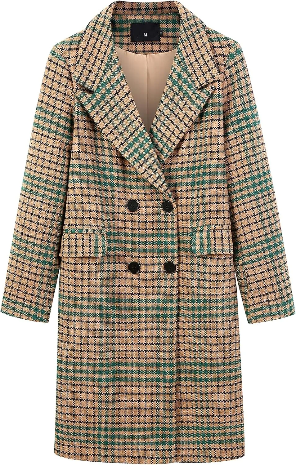 ebossy Women's Classic Notch Lapel Double Breasted Plaid Duster Trench Coat Oversized Wool Blend Mid Long Pea Coats
