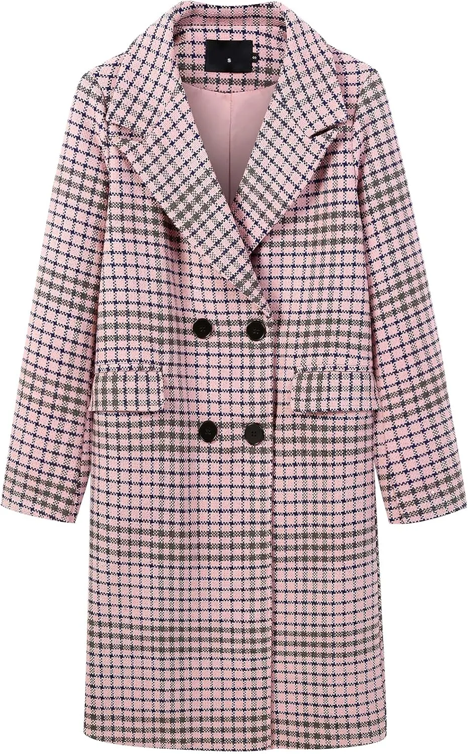 ebossy Women's Classic Notch Lapel Double Breasted Plaid Duster Trench Coat Oversized Wool Blend Mid Long Pea Coats