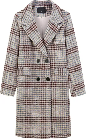ebossy Women's Classic Notch Lapel Double Breasted Plaid Duster Trench Coat Oversized Wool Blend Mid Long Pea Coats