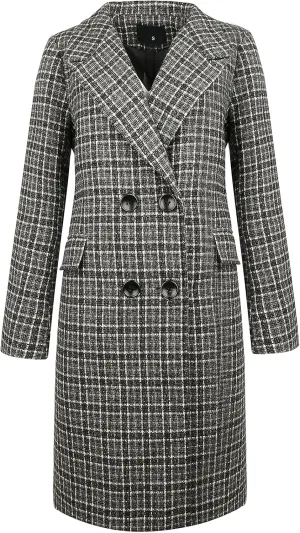 ebossy Women's Classic Notch Lapel Double Breasted Plaid Duster Trench Coat Oversized Wool Blend Mid Long Pea Coats
