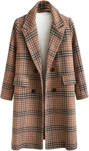 ebossy Women's Classic Notch Lapel Double Breasted Plaid Duster Trench Coat Oversized Wool Blend Mid Long Pea Coats