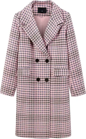 ebossy Women's Classic Notch Lapel Double Breasted Plaid Duster Trench Coat Oversized Wool Blend Mid Long Pea Coats