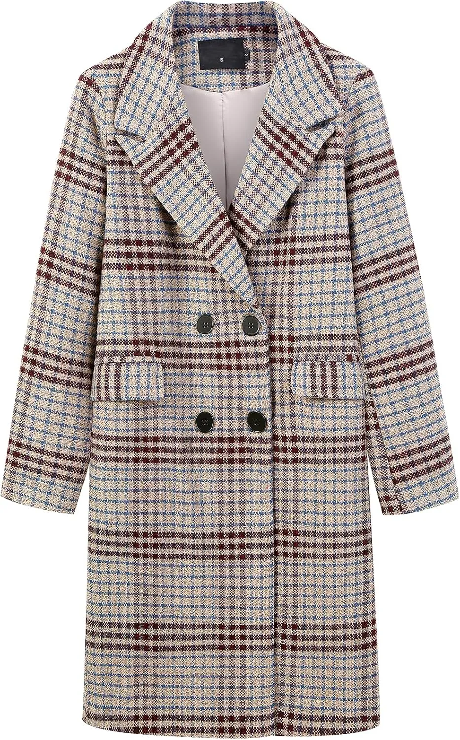 ebossy Women's Classic Notch Lapel Double Breasted Plaid Duster Trench Coat Oversized Wool Blend Mid Long Pea Coats