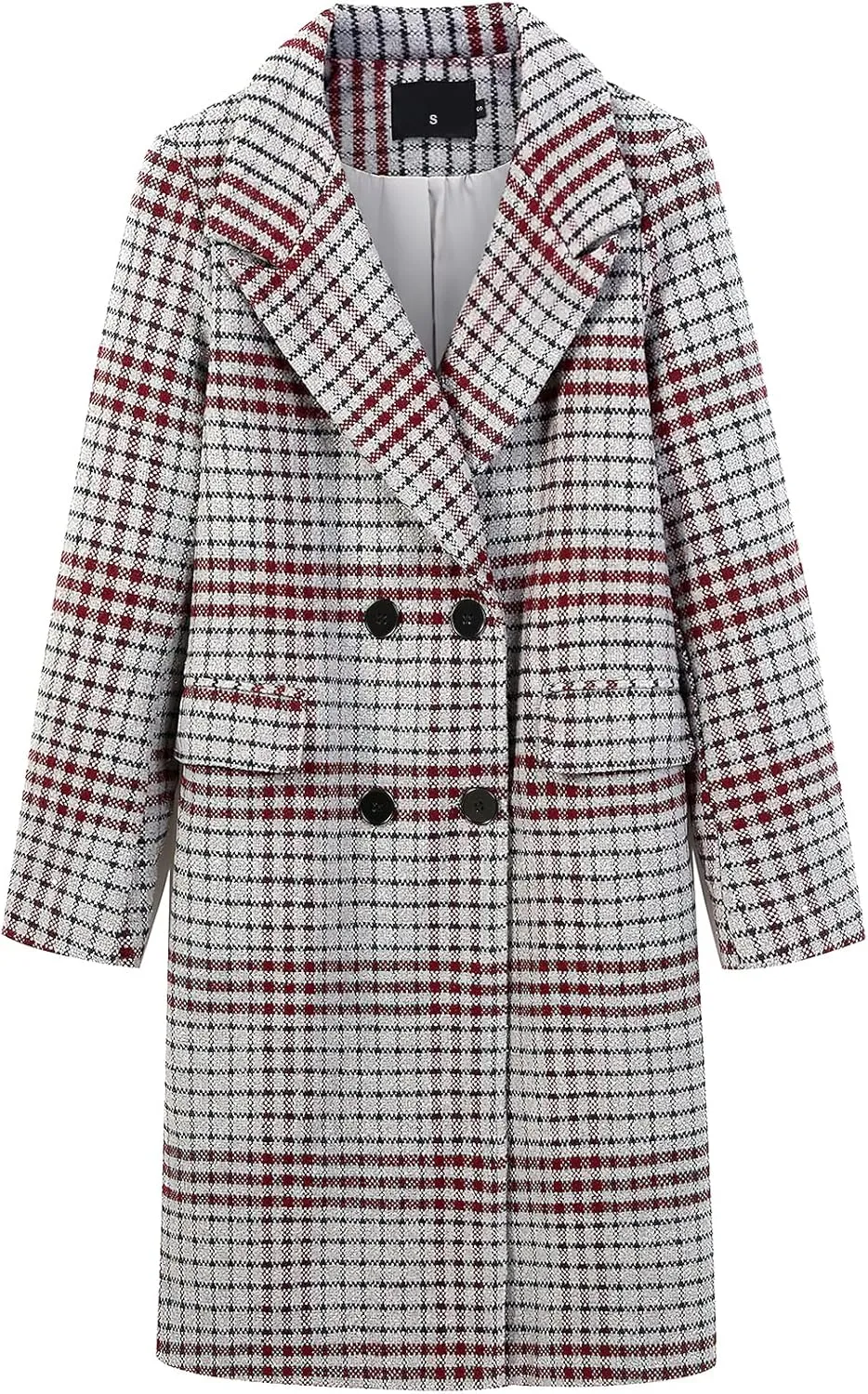 ebossy Women's Classic Notch Lapel Double Breasted Plaid Duster Trench Coat Oversized Wool Blend Mid Long Pea Coats
