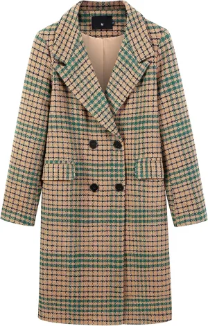 ebossy Women's Classic Notch Lapel Double Breasted Plaid Duster Trench Coat Oversized Wool Blend Mid Long Pea Coats