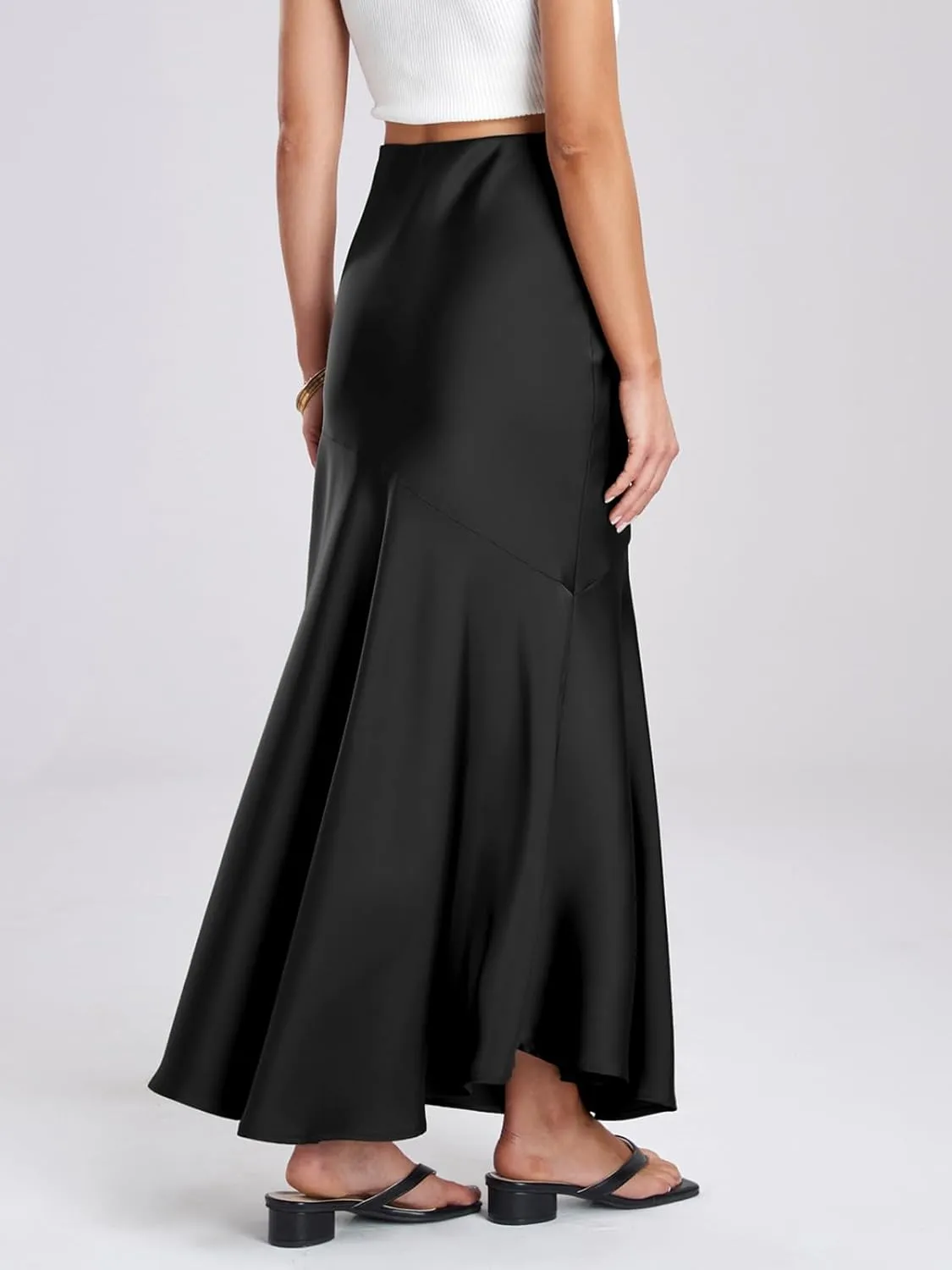 ebossy Women's Elegant Fishtail Long Skirt Silk Satin Hidden Elastic Waist Ruffle Flared A-Line Maxi Skirt