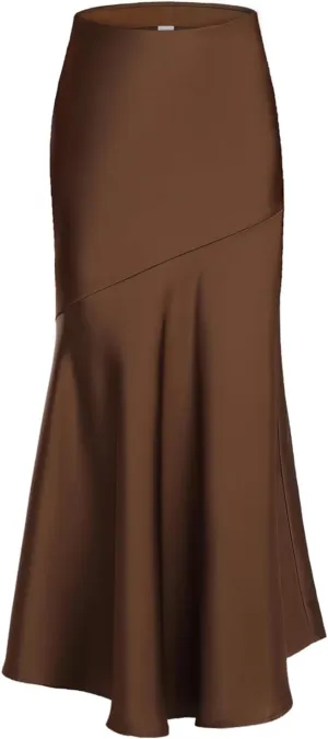 ebossy Women's Elegant Fishtail Long Skirt Silk Satin Hidden Elastic Waist Ruffle Flared A-Line Maxi Skirt
