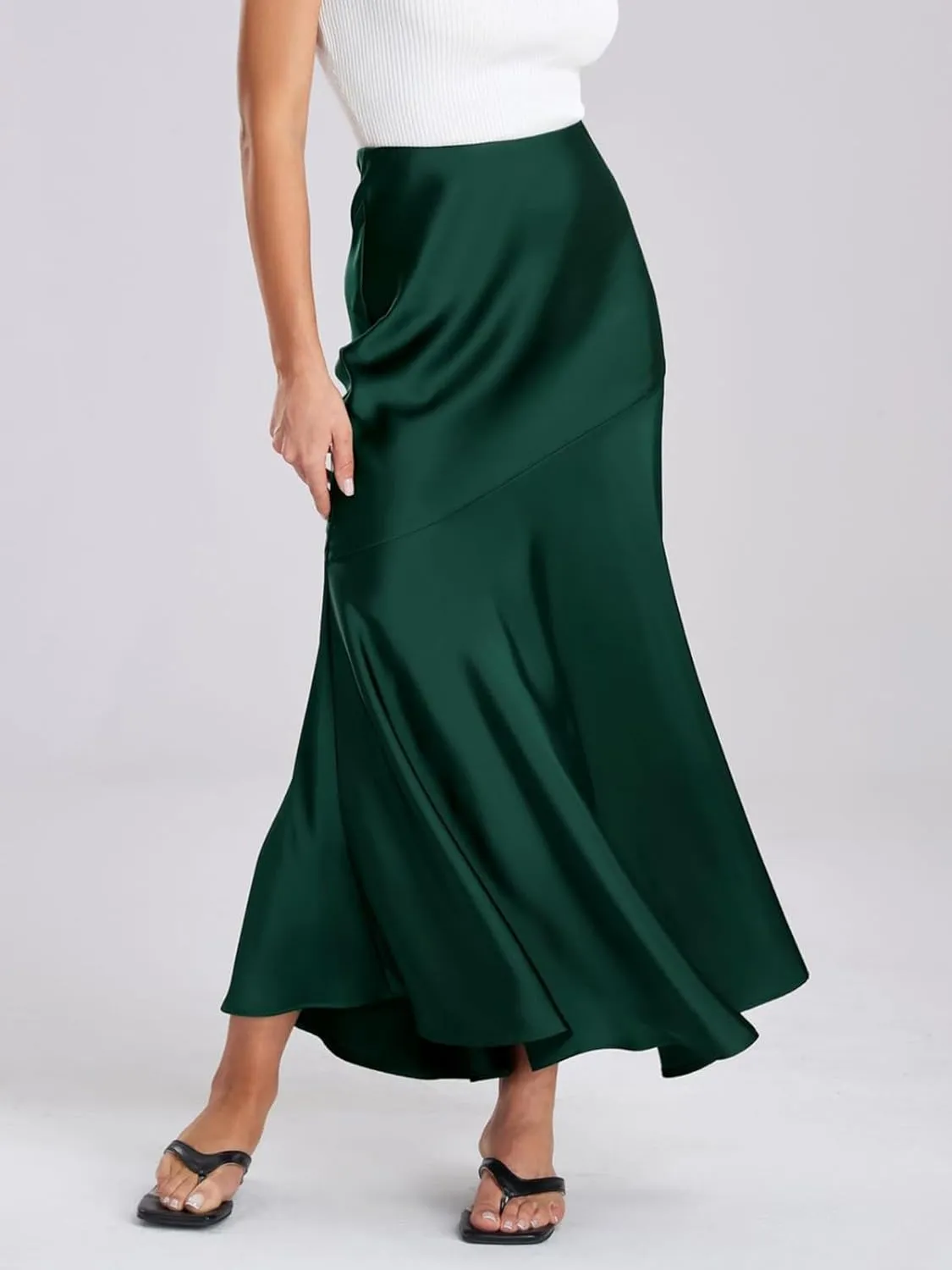 ebossy Women's Elegant Fishtail Long Skirt Silk Satin Hidden Elastic Waist Ruffle Flared A-Line Maxi Skirt