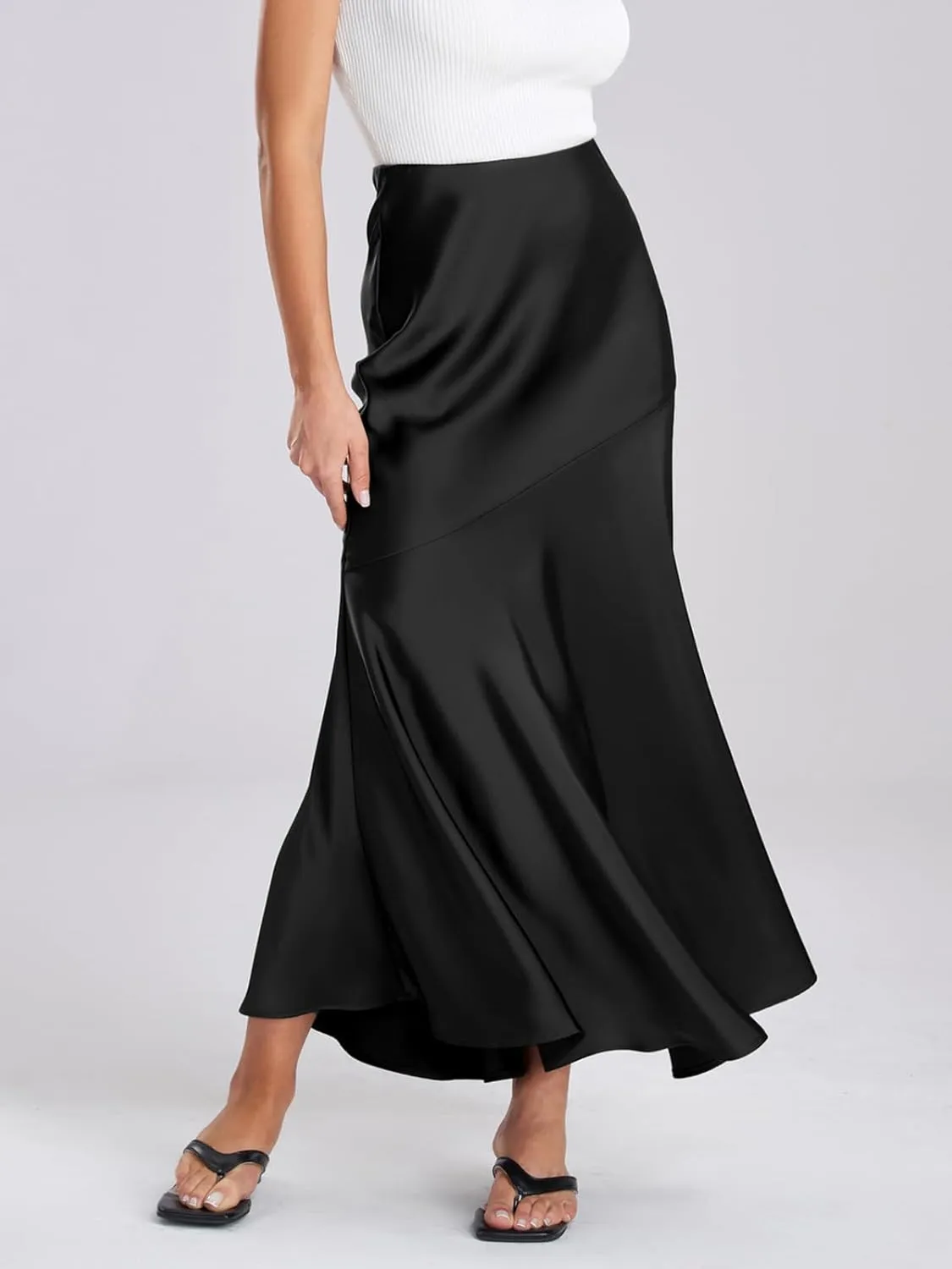 ebossy Women's Elegant Fishtail Long Skirt Silk Satin Hidden Elastic Waist Ruffle Flared A-Line Maxi Skirt