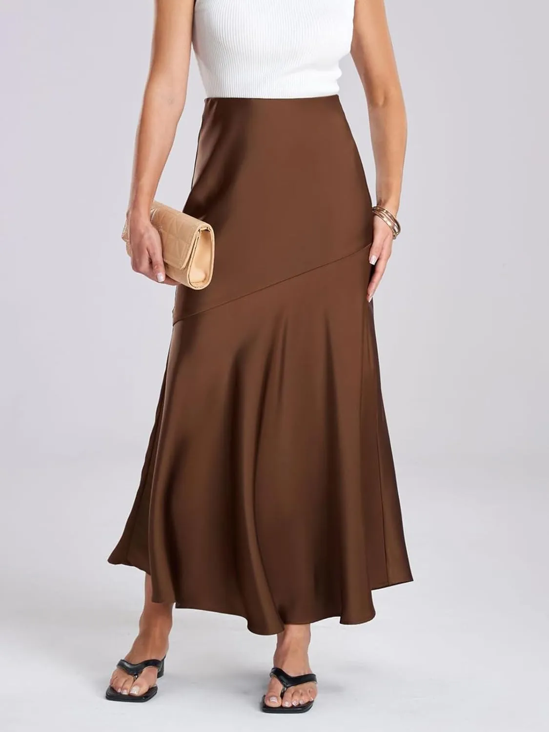 ebossy Women's Elegant Fishtail Long Skirt Silk Satin Hidden Elastic Waist Ruffle Flared A-Line Maxi Skirt