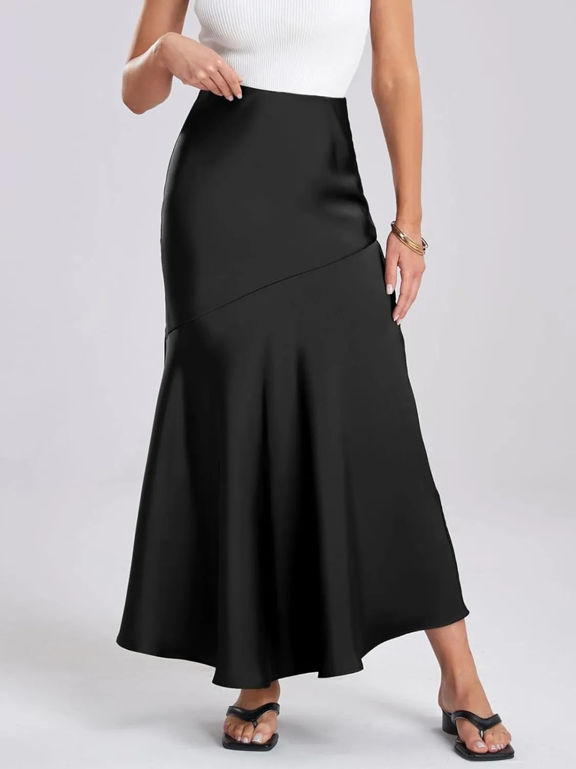 ebossy Women's Elegant Fishtail Long Skirt Silk Satin Hidden Elastic Waist Ruffle Flared A-Line Maxi Skirt