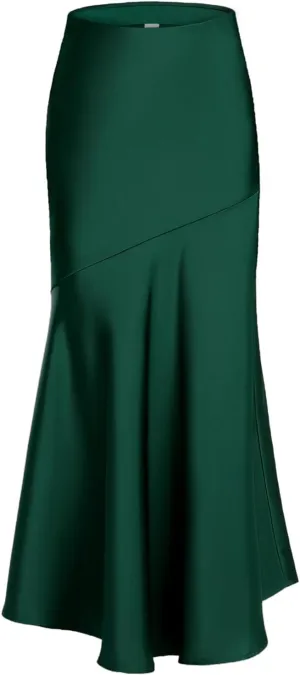 ebossy Women's Elegant Fishtail Long Skirt Silk Satin Hidden Elastic Waist Ruffle Flared A-Line Maxi Skirt