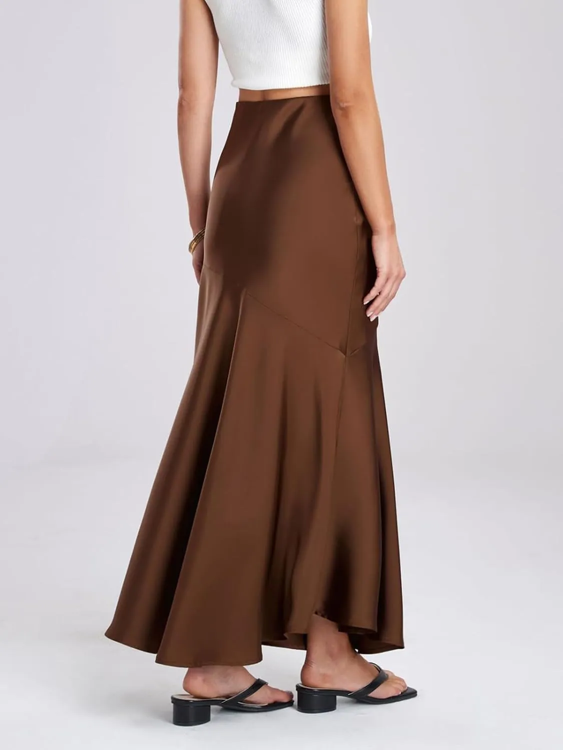 ebossy Women's Elegant Fishtail Long Skirt Silk Satin Hidden Elastic Waist Ruffle Flared A-Line Maxi Skirt
