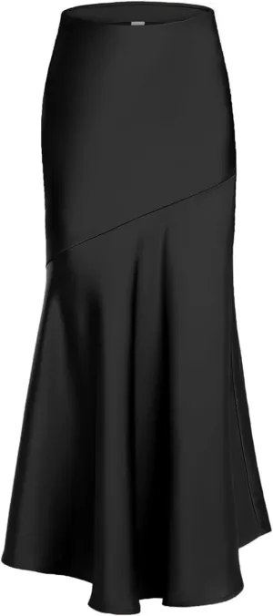 ebossy Women's Elegant Fishtail Long Skirt Silk Satin Hidden Elastic Waist Ruffle Flared A-Line Maxi Skirt