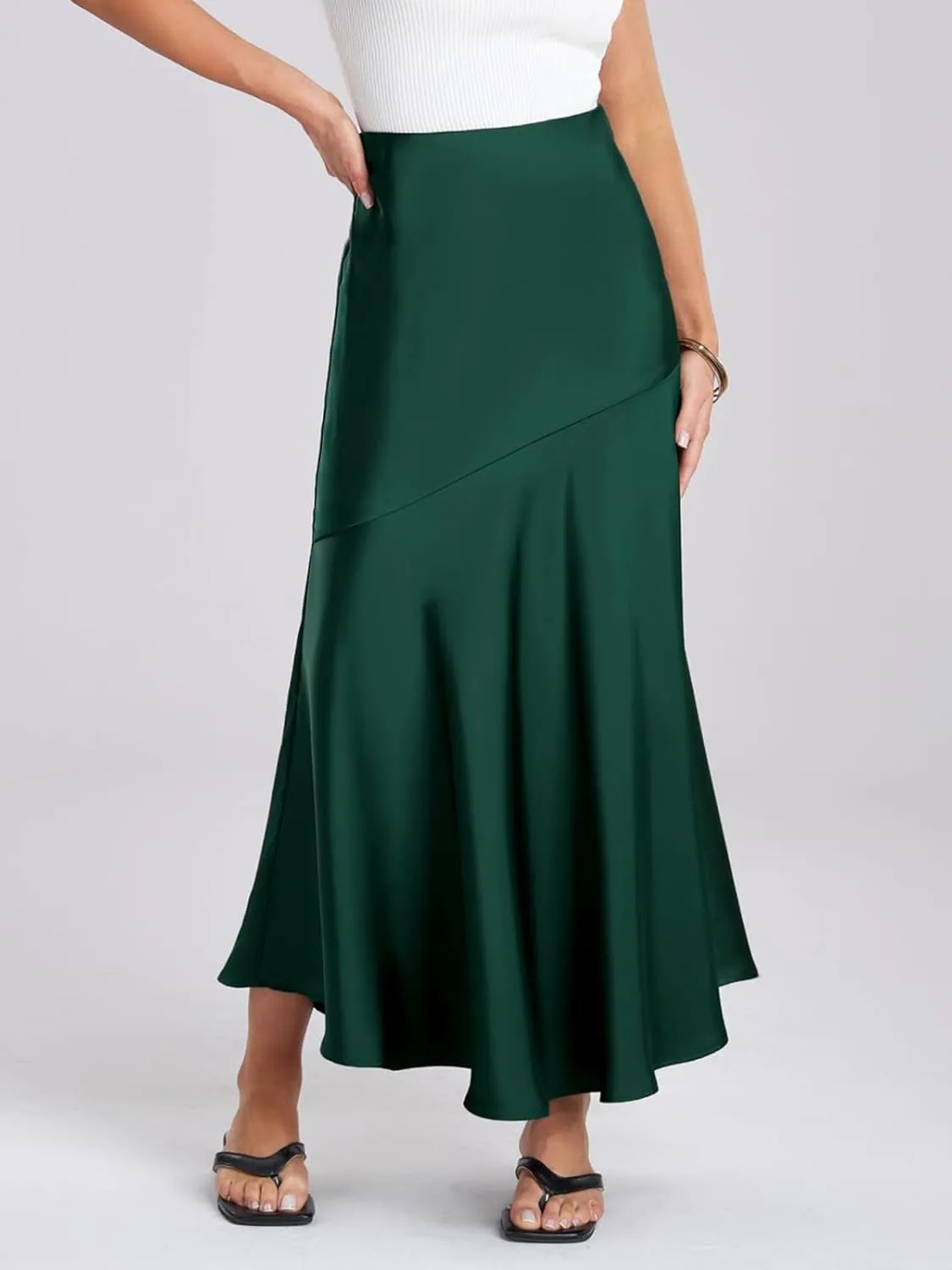 ebossy Women's Elegant Fishtail Long Skirt Silk Satin Hidden Elastic Waist Ruffle Flared A-Line Maxi Skirt