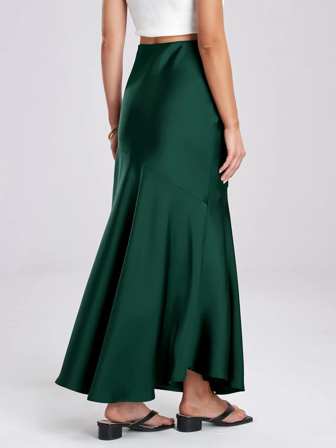 ebossy Women's Elegant Fishtail Long Skirt Silk Satin Hidden Elastic Waist Ruffle Flared A-Line Maxi Skirt