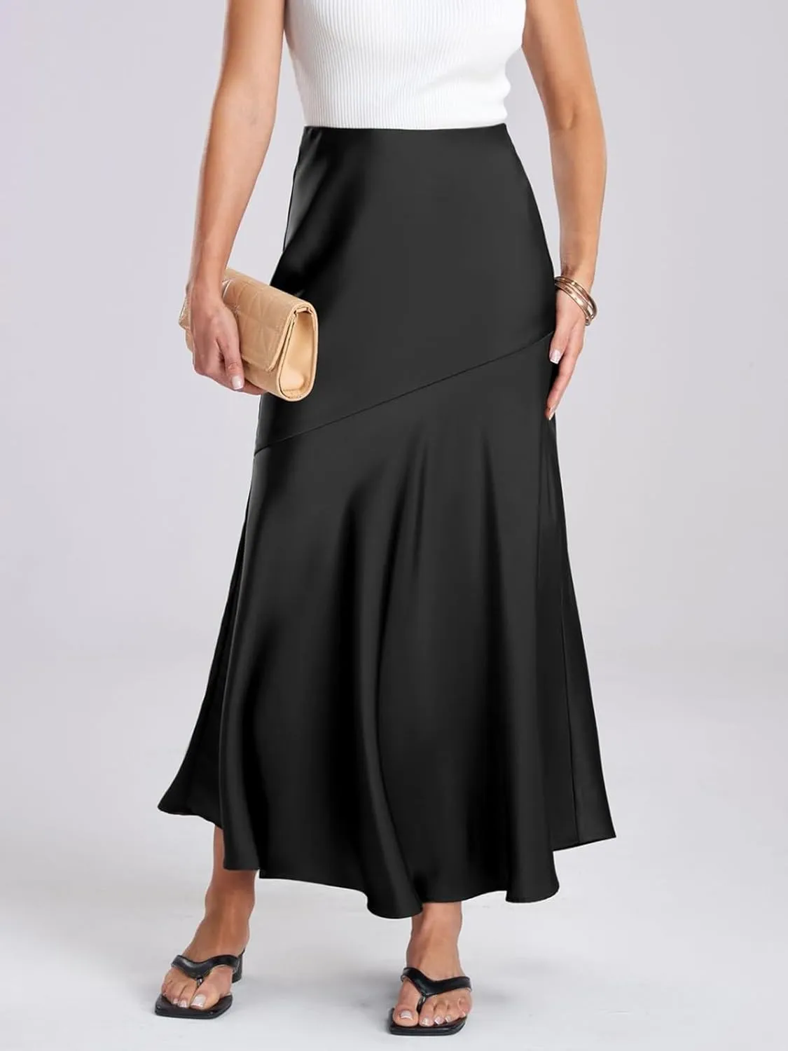 ebossy Women's Elegant Fishtail Long Skirt Silk Satin Hidden Elastic Waist Ruffle Flared A-Line Maxi Skirt