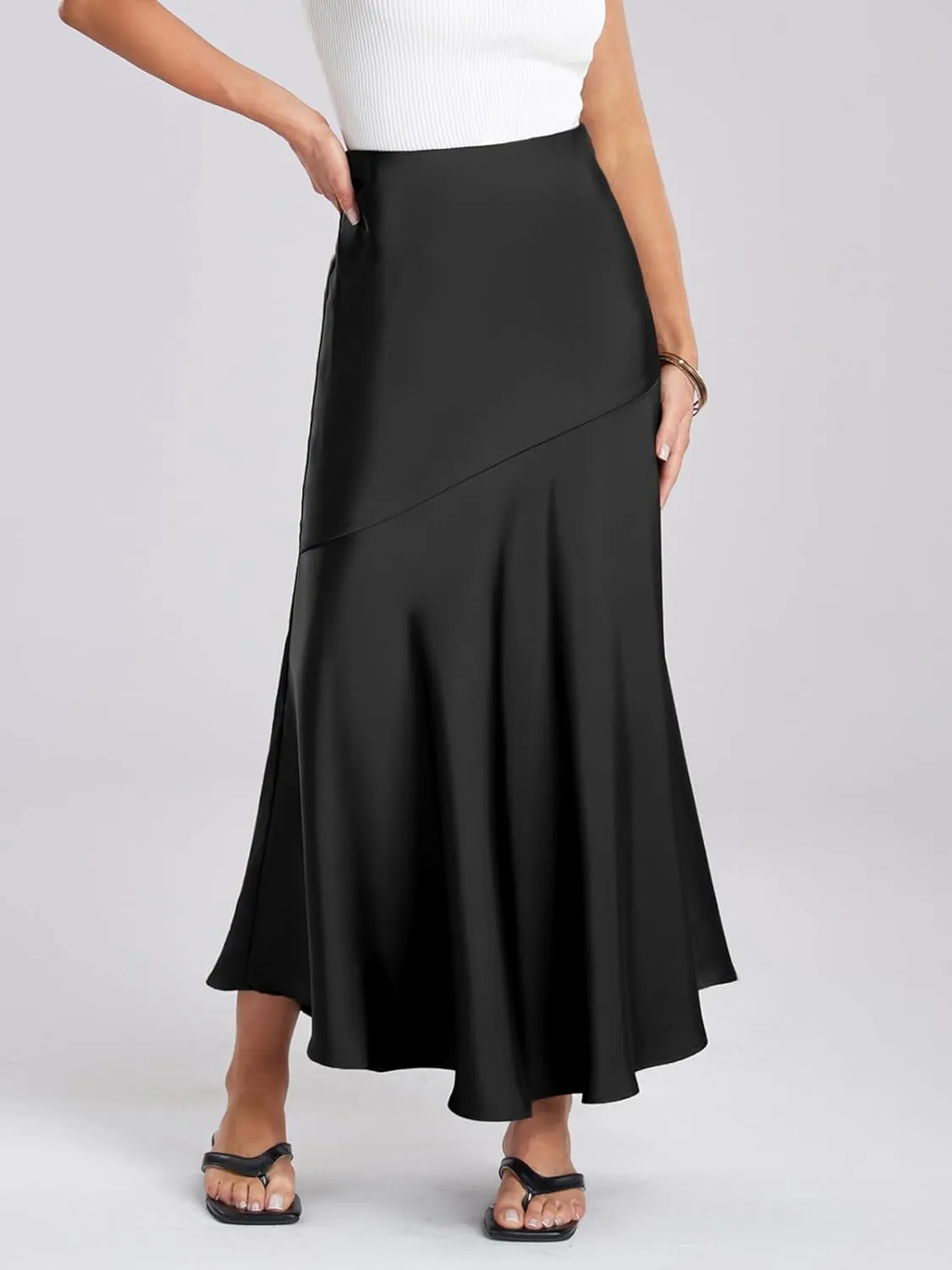 ebossy Women's Elegant Fishtail Long Skirt Silk Satin Hidden Elastic Waist Ruffle Flared A-Line Maxi Skirt