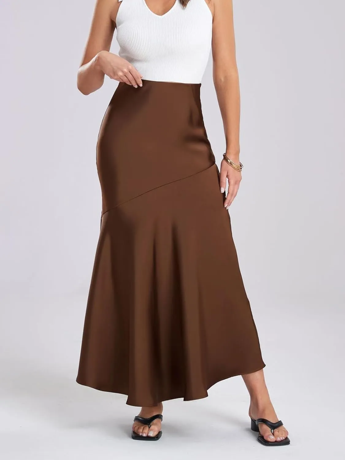 ebossy Women's Elegant Fishtail Long Skirt Silk Satin Hidden Elastic Waist Ruffle Flared A-Line Maxi Skirt